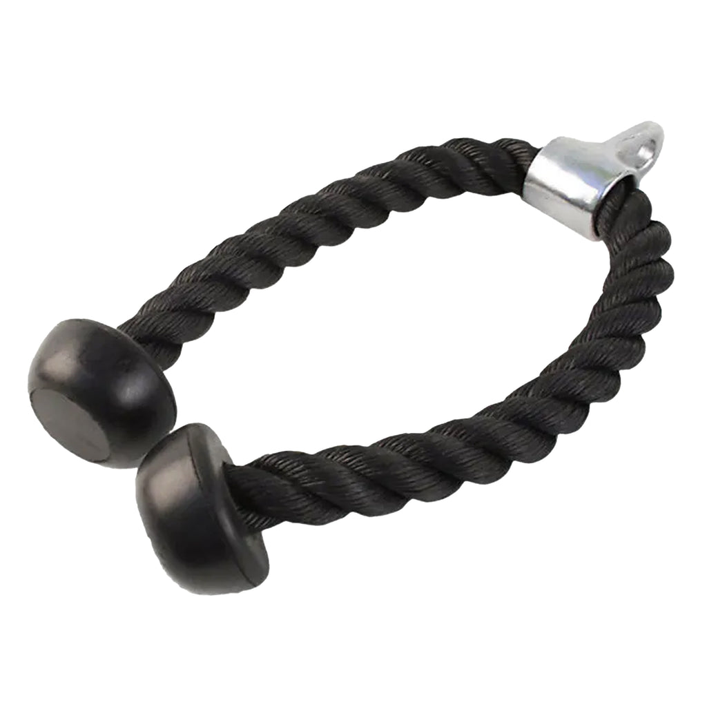 Black rope dog toy with metal ends on a white background