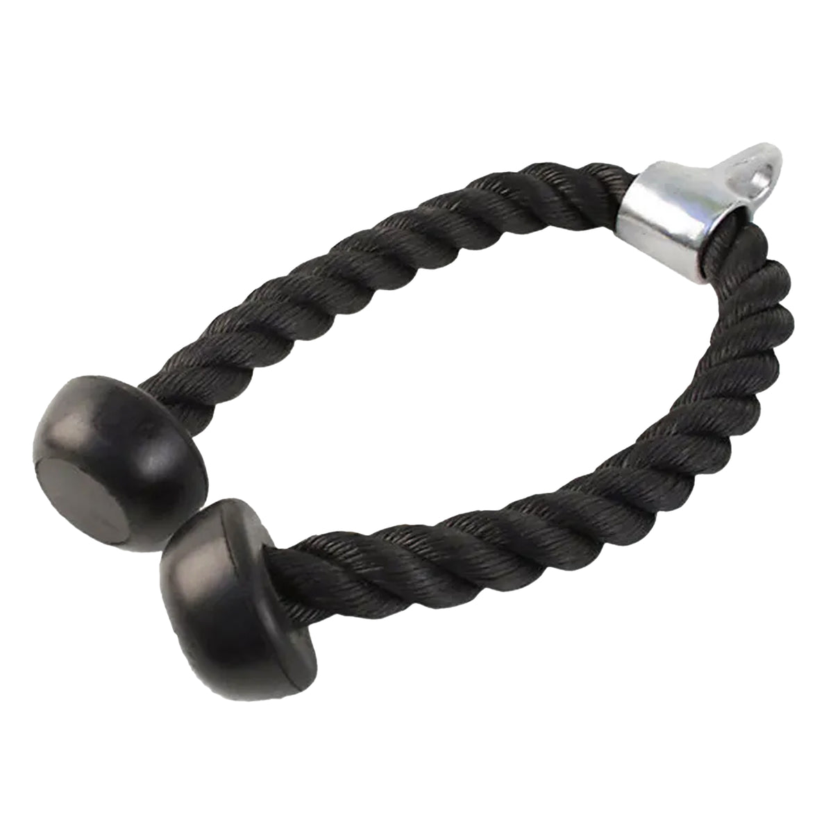 Black rope dog toy with metal ends on a white background