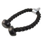 Black rope dog toy with metal ends on a white background