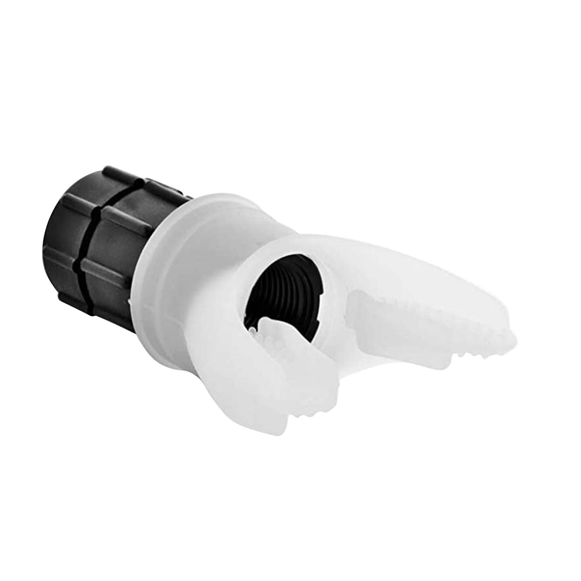 Plumbing fitting with black and white components on a white background