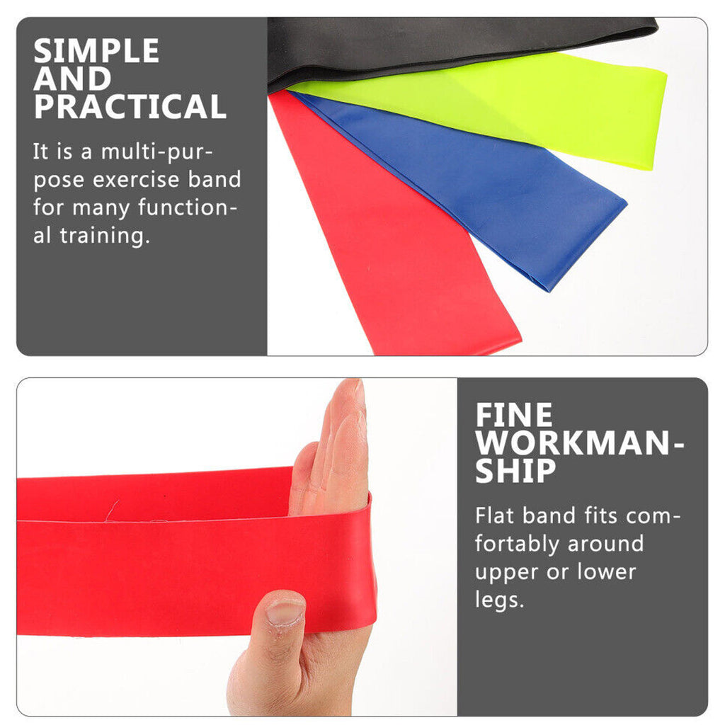 Colorful exercise bands with text describing their use and features.