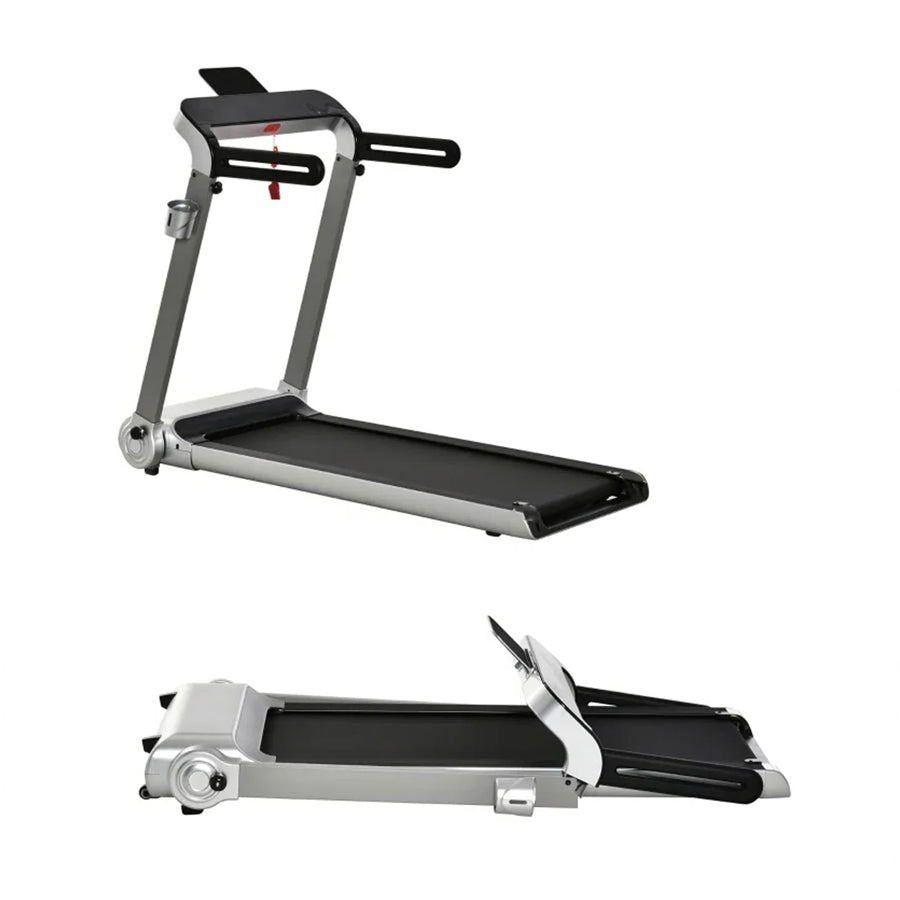 A compact folding treadmill with a cushioned running belt, LED display, and a metallic frame, designed to be space-saving.
