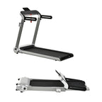 A compact folding treadmill with a cushioned running belt, LED display, and a metallic frame, designed to be space-saving.
