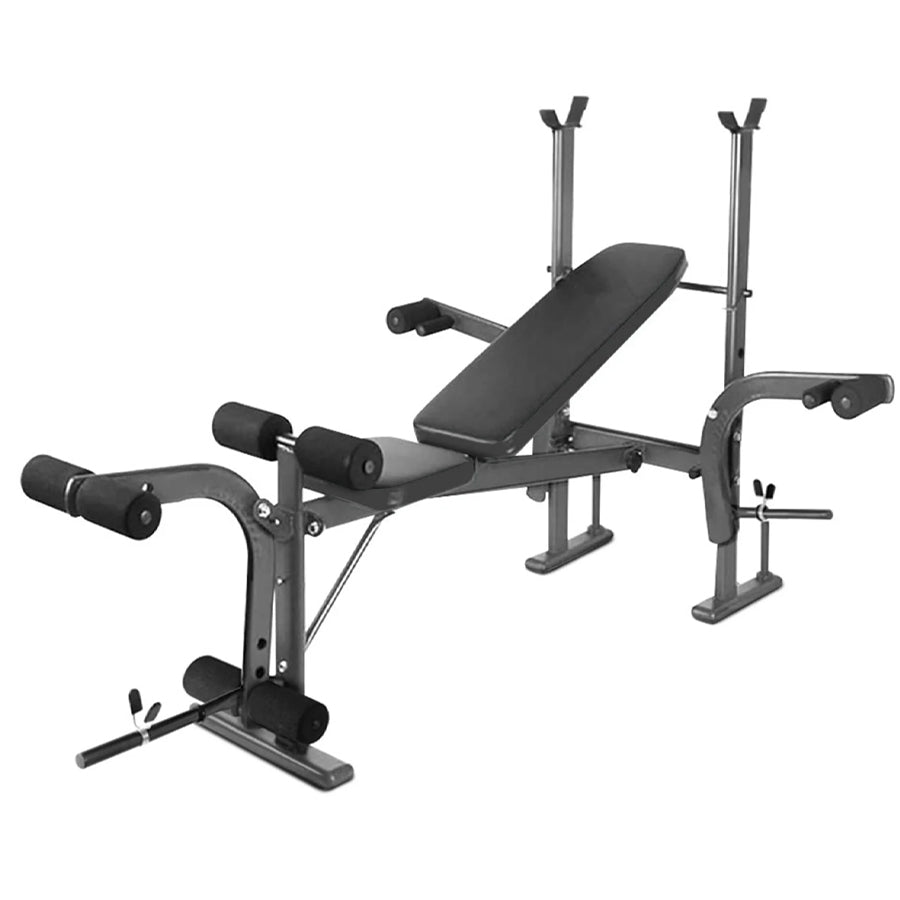 Black weight bench with adjustable components on a white background