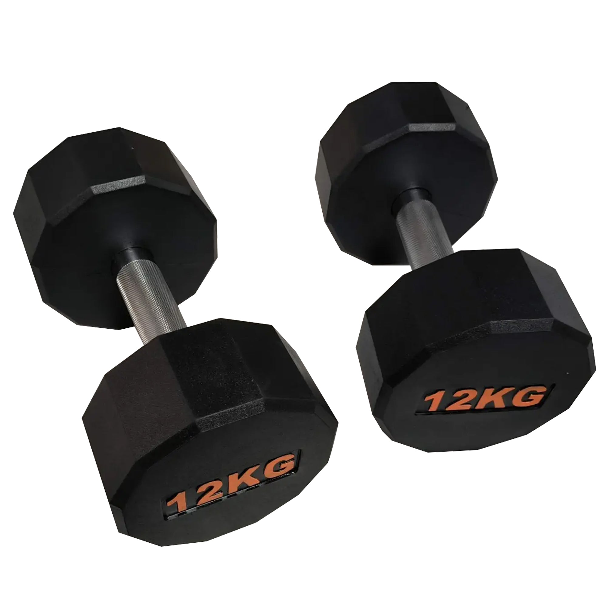 Pair of black dumbbells with '12KG' marking on a white background