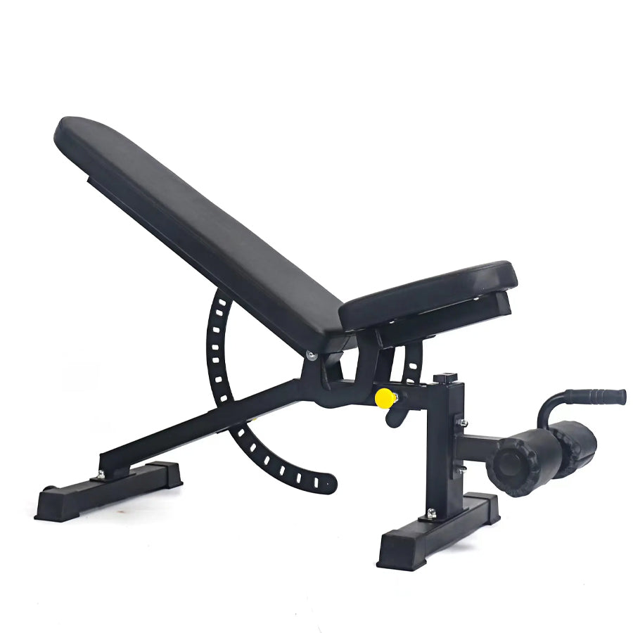 Black adjustable weight bench on a white background