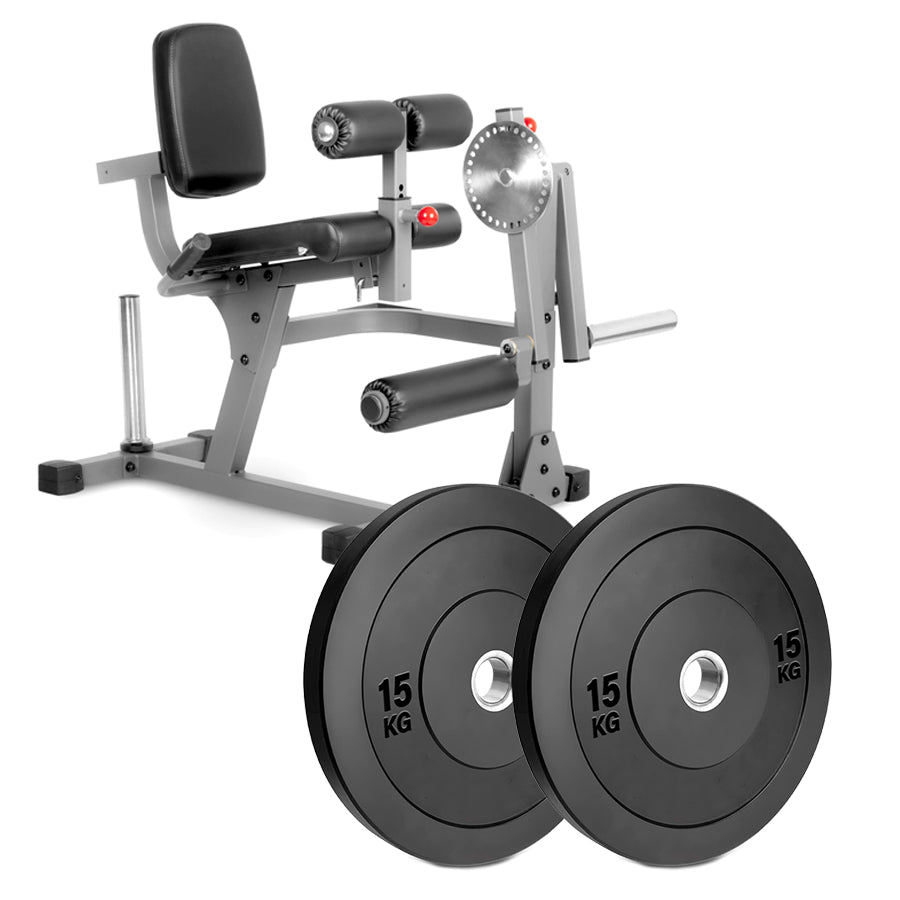 A professional leg extension and curl machine with a gray steel frame and black padded comfort seating.