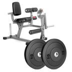 A professional leg extension and curl machine with a gray steel frame and black padded comfort seating.