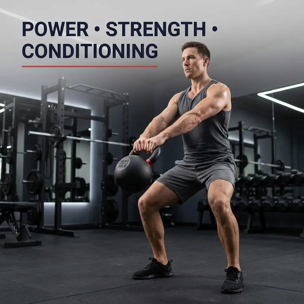 A man in a gym wearing a dark gray tank top and shorts, holding a black kettlebell in a squatting position. The background shows weight machines and dumbbells, with the text 'POWER • STRENGTH • CONDITIONING' at the top left.