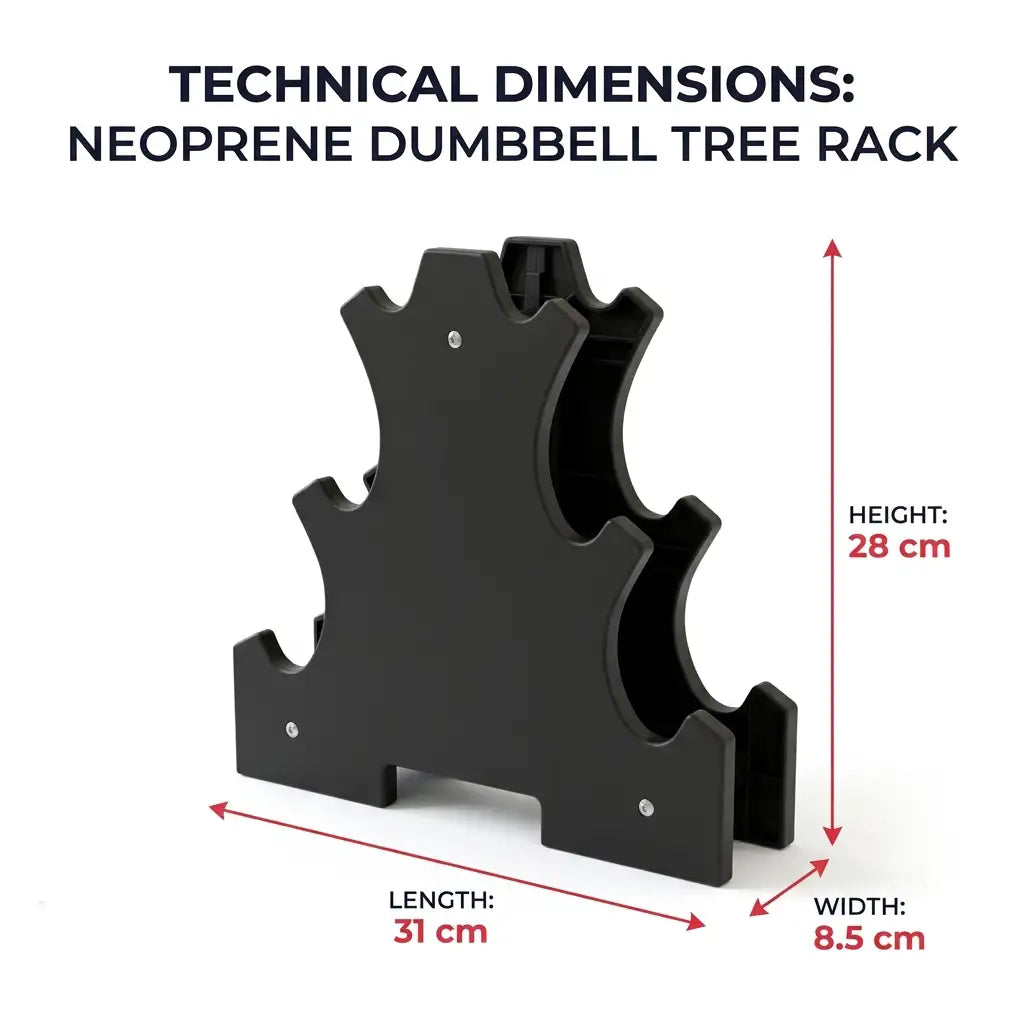 Technical dimensions diagram of a black neoprene dumbbell tree rack on a white background, showing height, length, and width measurements with red arrows and text labels.