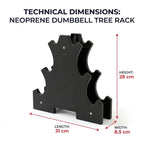 Technical dimensions diagram of a black neoprene dumbbell tree rack on a white background, showing height, length, and width measurements with red arrows and text labels.