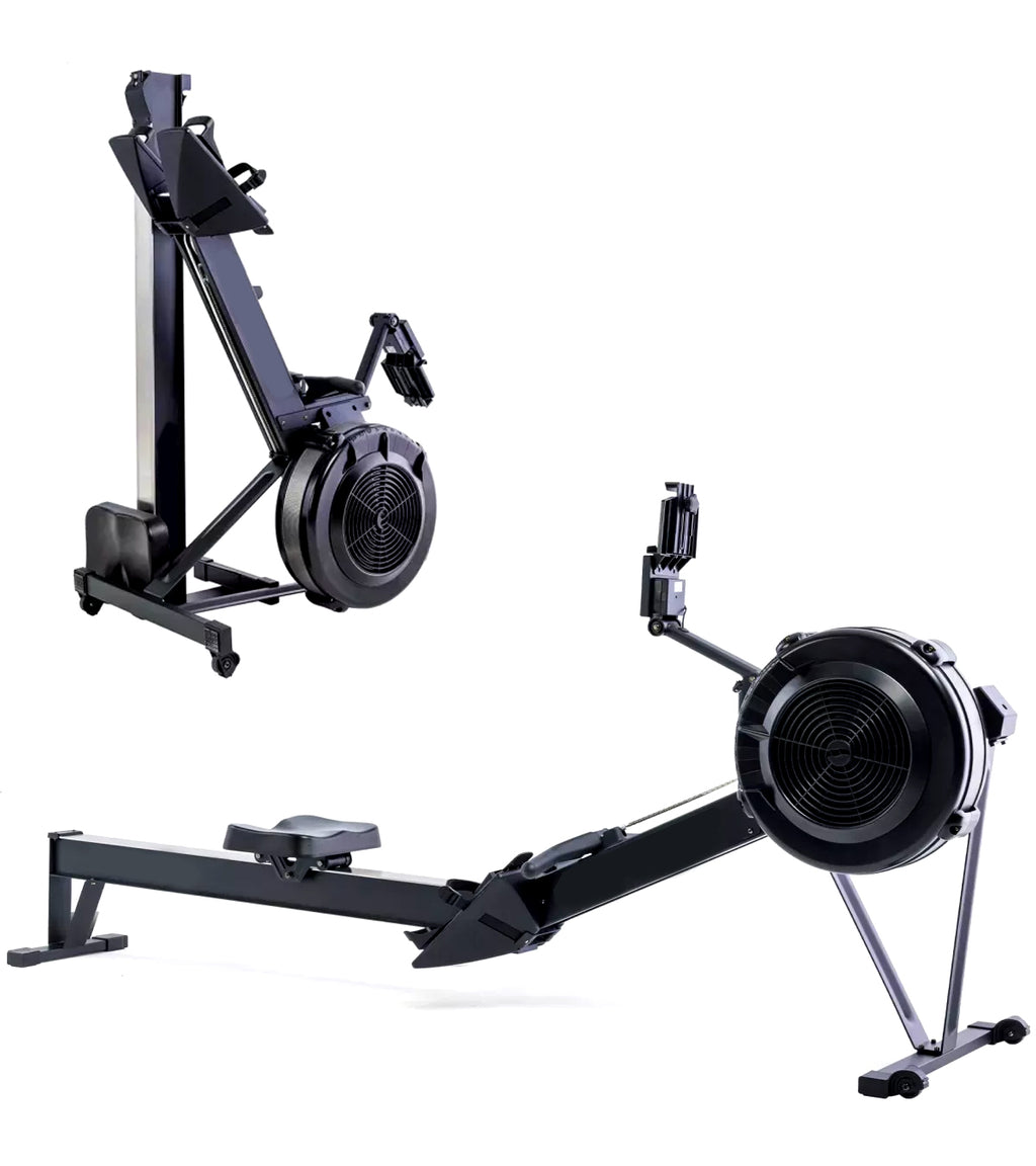 Black rowing machine on a white background
