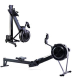 Black rowing machine on a white background