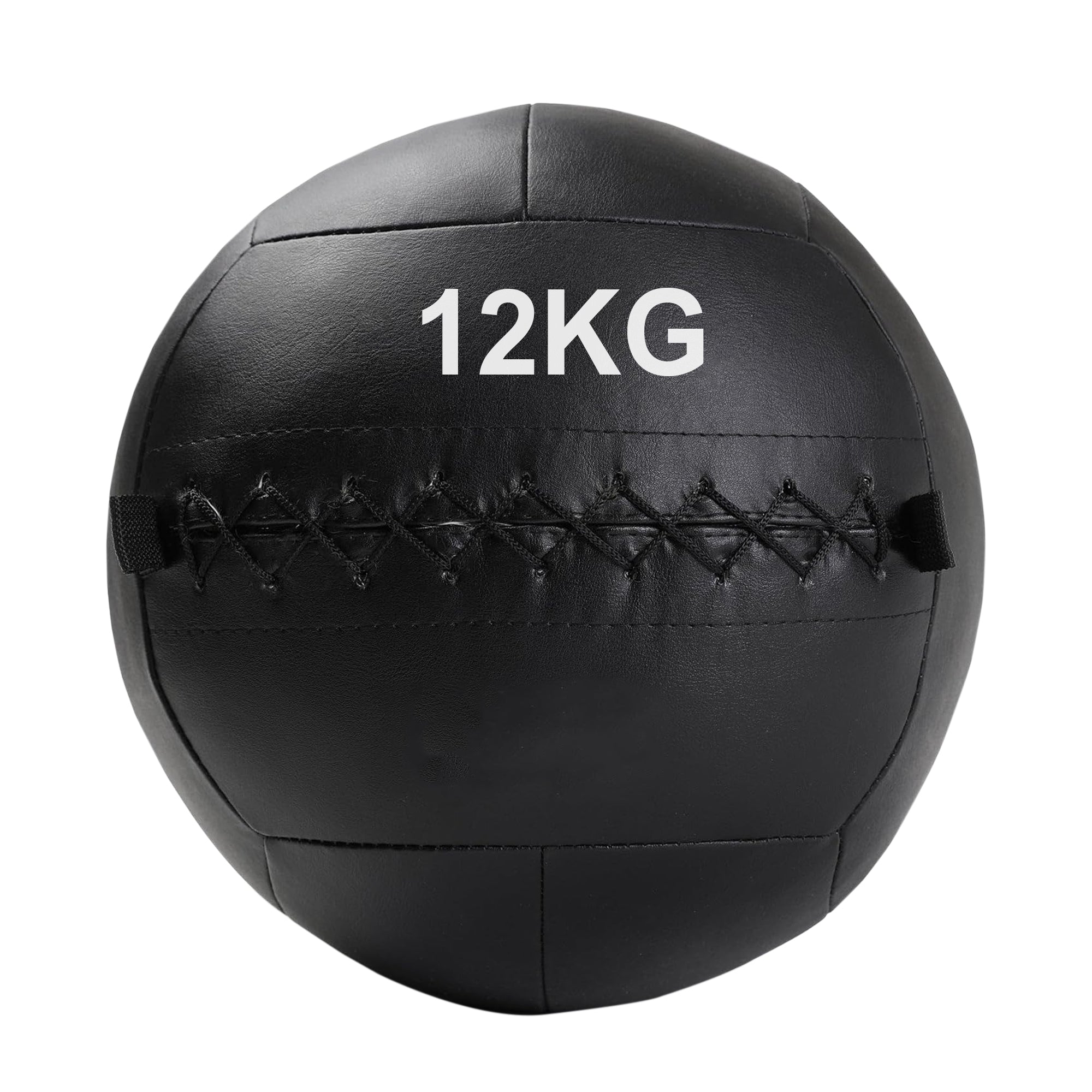 A black, double-stitched, textured wall ball with the weight '12KG' printed on it.