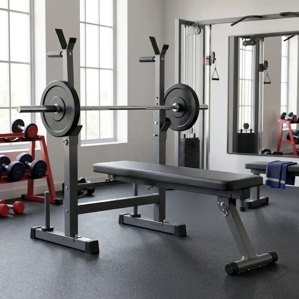 Adjustable Weight Bench with Dip Station & Barbell Rack
