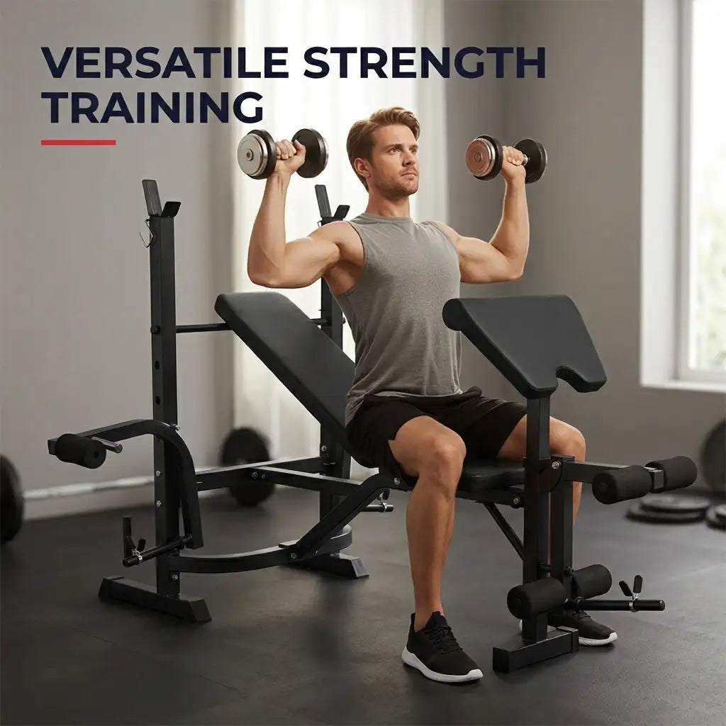 A man sits on a black adjustable weight bench holding dumbbells in a gym setting. The image includes the text 'VERSATILE STRENGTH TRAINING' in the top left corner.