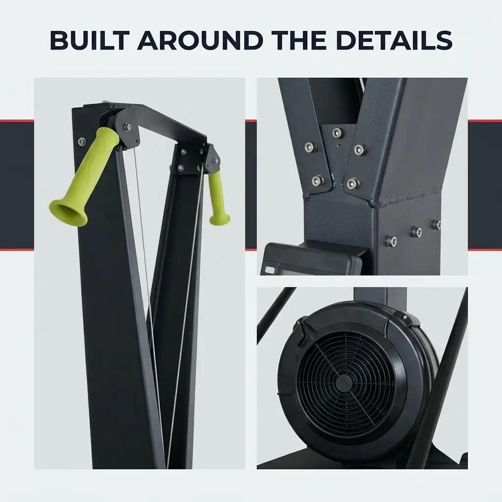 Three close-up product detail shots of a piece of gym equipment on a light gray background, with the headline 'BUILT AROUND THE DETAILS' at the top. The product appears to be a dark metal exercise machine with bright yellow-green handle grips and a black circular fan component.