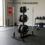 A black and silver weight rack holding three loaded barbells stands in a gym setting with other equipment and the text 'YOUR GYM, ORGANIZED' at the top.
