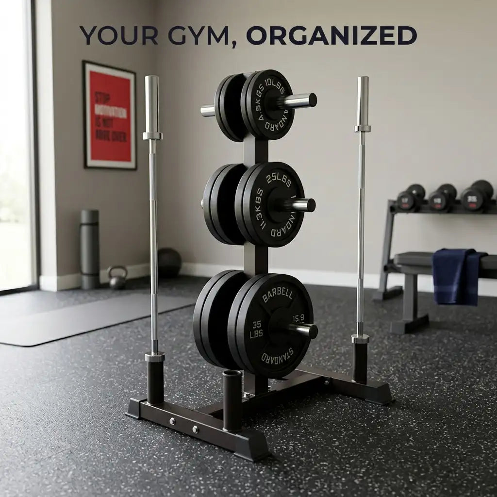 A black and silver weight rack holding three loaded barbells stands in a gym setting with other equipment and the text 'YOUR GYM, ORGANIZED' at the top.