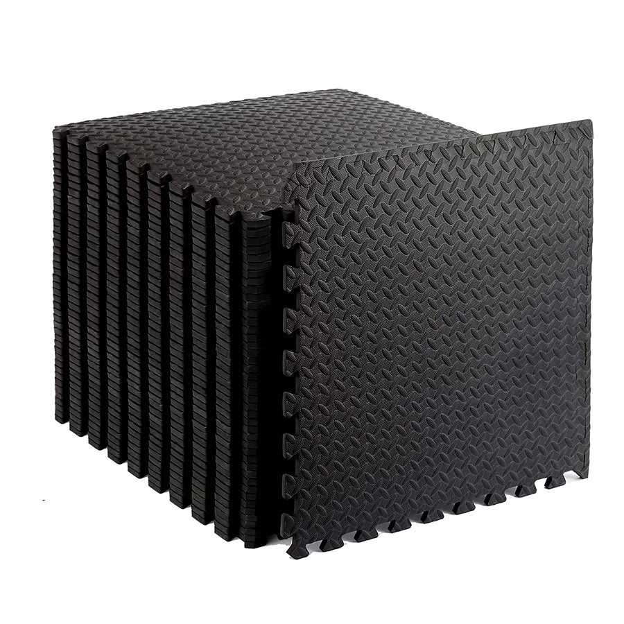 Interlocking black EVA foam tiles with a puzzle-like design, showing shock absorption and non-slip surface texture.