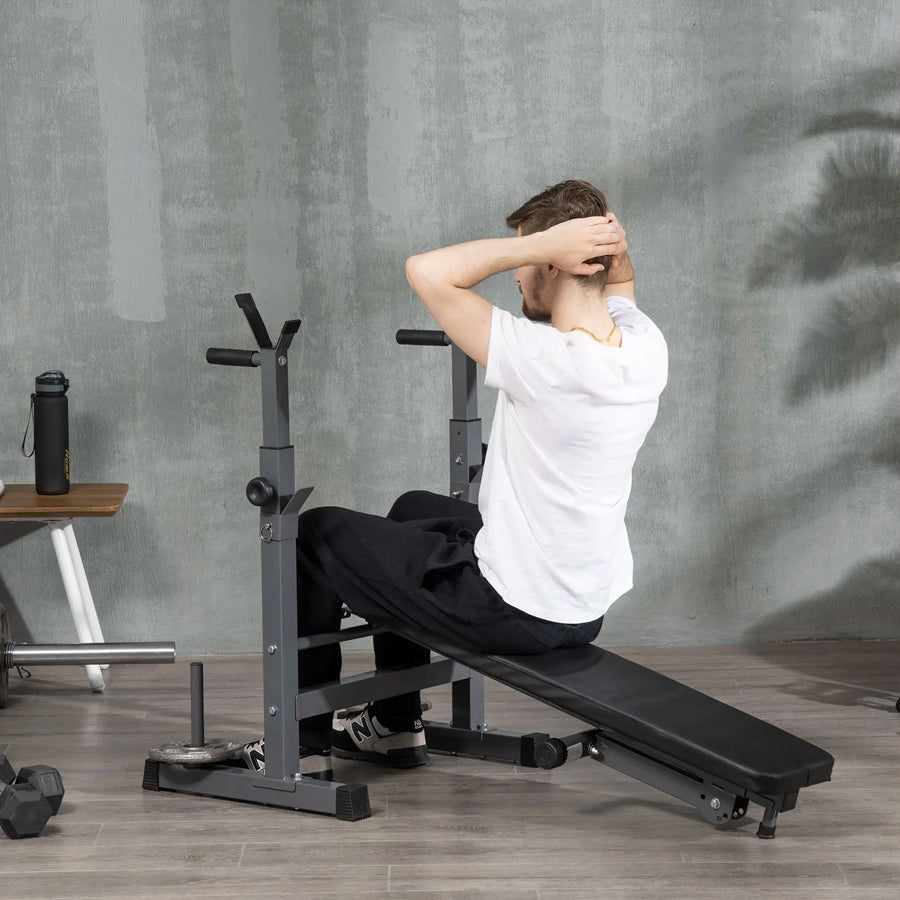 Person using a weight bench in a home gym setting