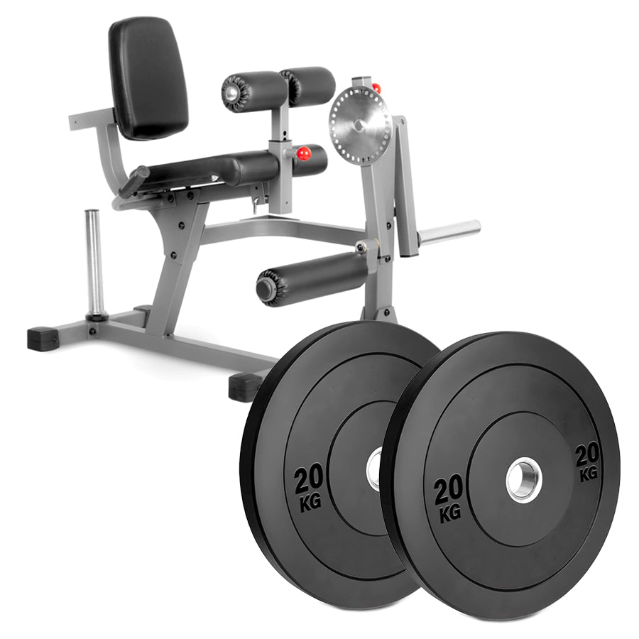 A professional leg extension and curl machine with a gray steel frame and black padded comfort seating.