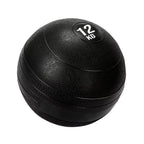 A black heavy duty slam ball with a textured surface and the weight '12 KG' labeled on it.