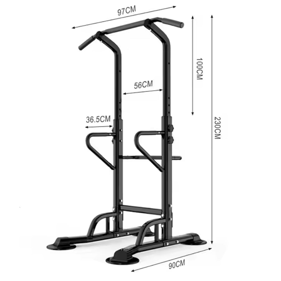Black pull-up bar with dimensions labeled on a white background