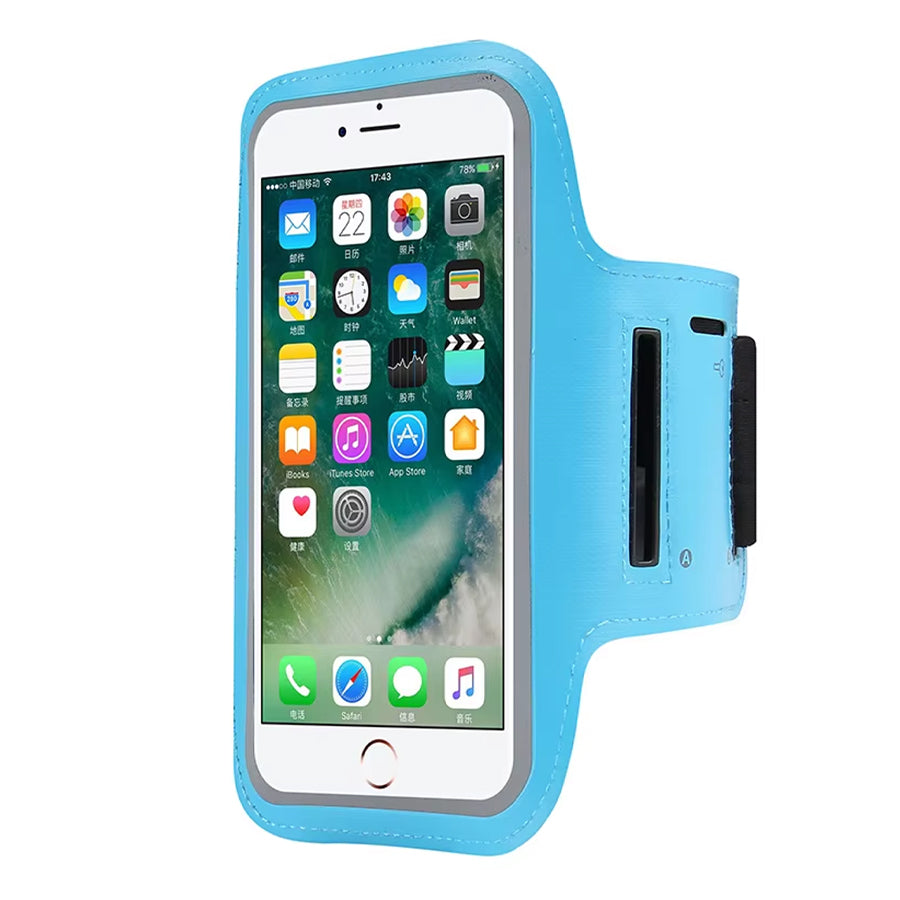 Blue phone armband with smartphone on white background