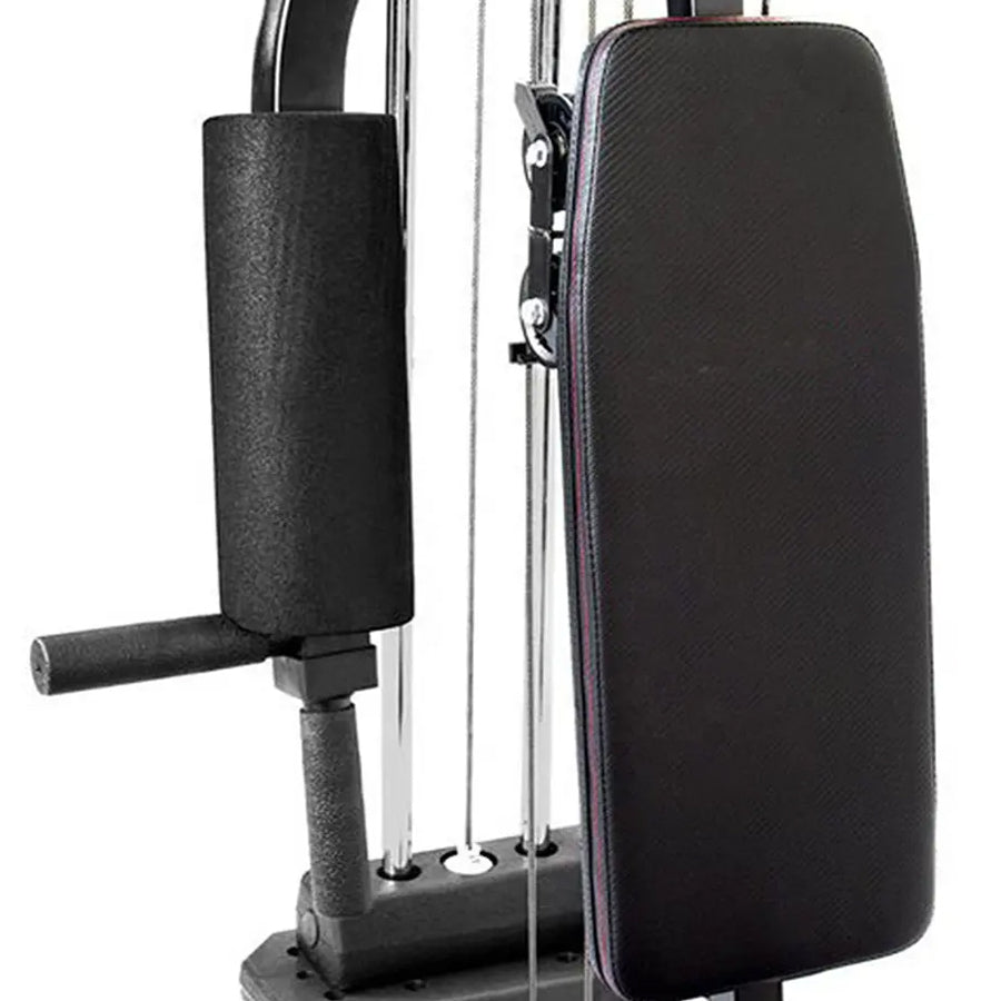 Black gym machine with arm pad and shoulder pad on a white background