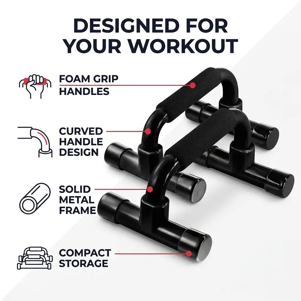 Black foam push-up bar set with text callouts reading 'DESIGNED FOR YOUR WORKOUT' and features labeled 'FOAM GRIP HANDLES,' 'CURVED HANDLE DESIGN,' 'SOLID METAL FRAME,' and 'COMPACT STORAGE' on a light gray background.