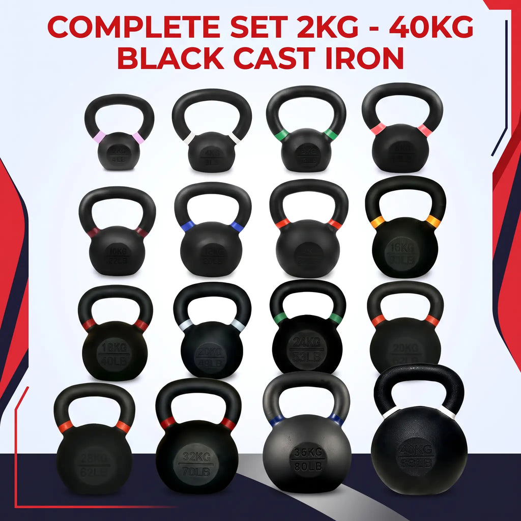 A set of 16 black cast iron kettlebells arranged in a grid, with red text at the top reading 'COMPLETE SET 2KG - 40KG BLACK CAST IRON'. The kettlebells have colored rubber bands on some of them, and several show engraved weight markings such as 20KG, 30KG, and 40KG.