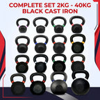 A set of 16 black cast iron kettlebells arranged in a grid, with red text at the top reading 'COMPLETE SET 2KG - 40KG BLACK CAST IRON'. The kettlebells have colored rubber bands on some of them, and several show engraved weight markings such as 20KG, 30KG, and 40KG.