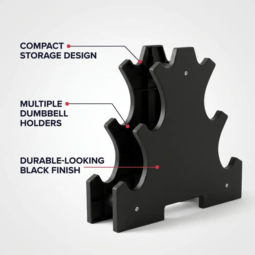 Black metal dumbbell rack with three tiered slots, shown on a light gray background with callout text reading 'COMPACT STORAGE DESIGN,' 'MULTIPLE DUMBELL HOLDERS,' and 'DURABLE-LOOKING BLACK FINISH.'.
