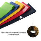Five sheets of colored latex material in green, blue, yellow, red, and black on a white background with 'Natural Environmental Protection Latex Material' text.