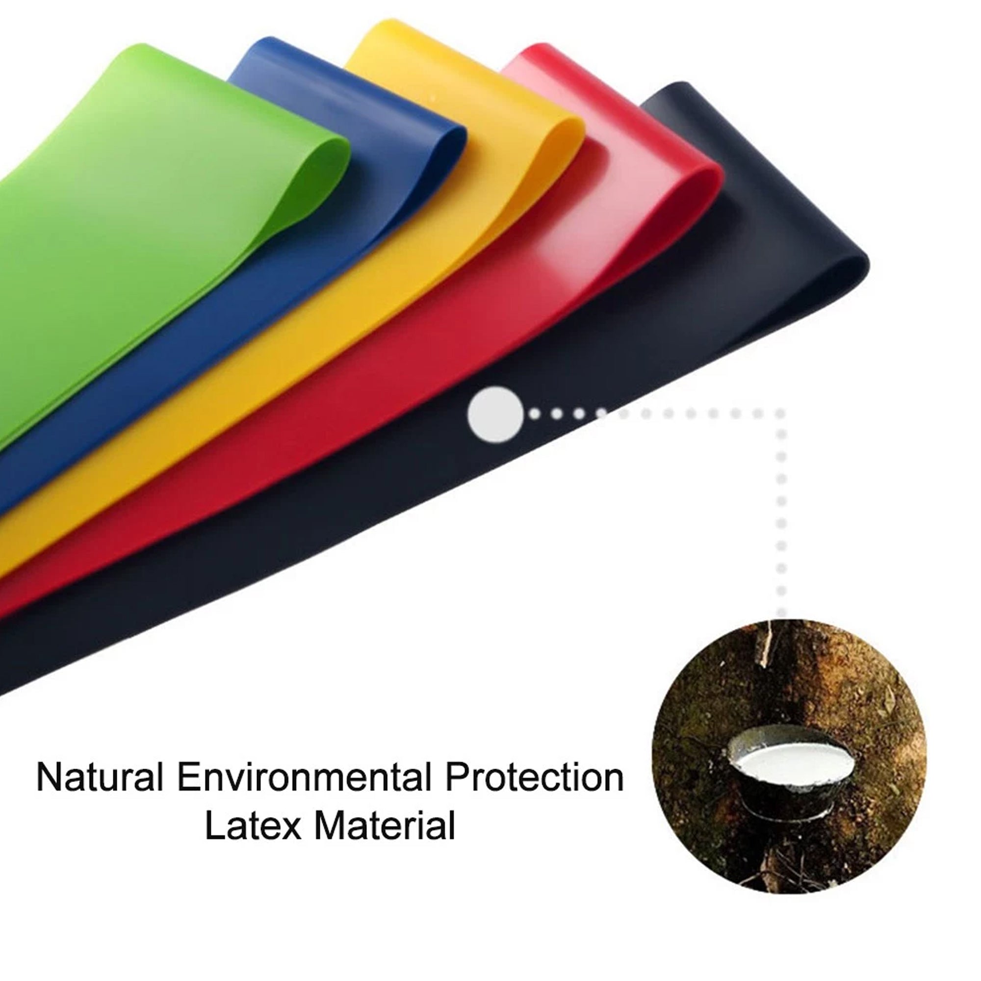 Five sheets of colored latex material in green, blue, yellow, red, and black on a white background with 'Natural Environmental Protection Latex Material' text.