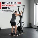 A man uses a home gym cable pulley exercise machine with a rowing-style base in a minimalist room. Large text on the left reads 'BRING THE SKI WORKOUT HOME' with supporting copy below.