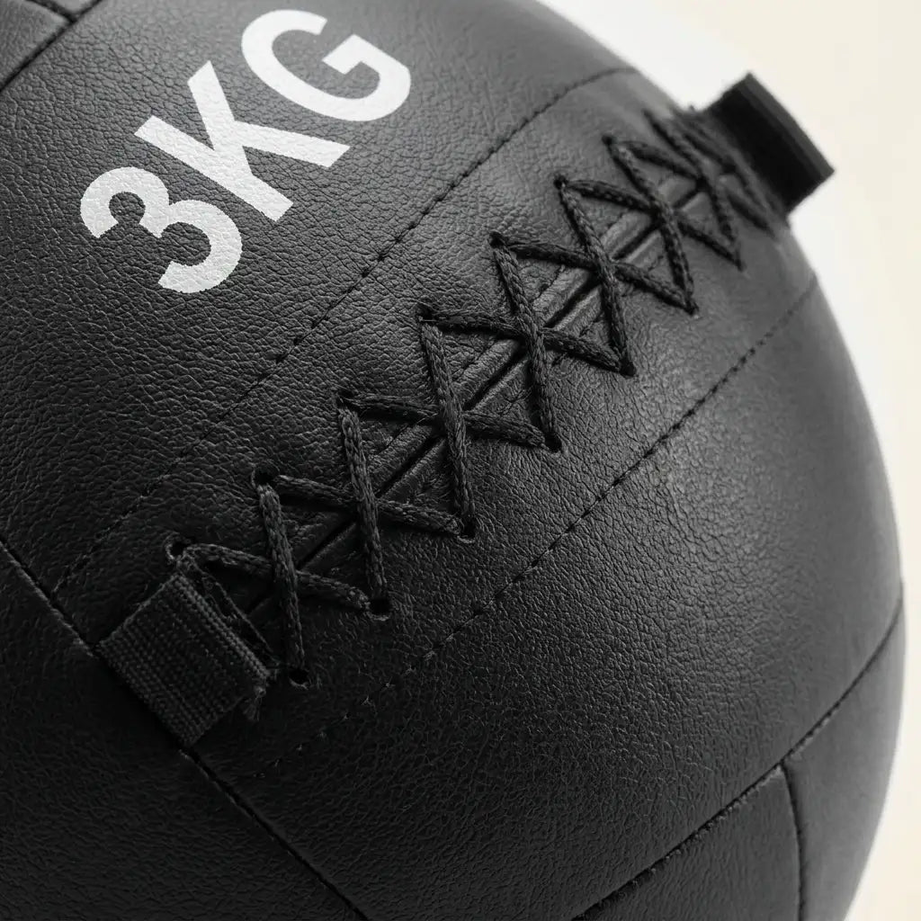 Close-up of a black heavy medicine ball with white '3KG' text and black stitched laces, shown against a light neutral background.