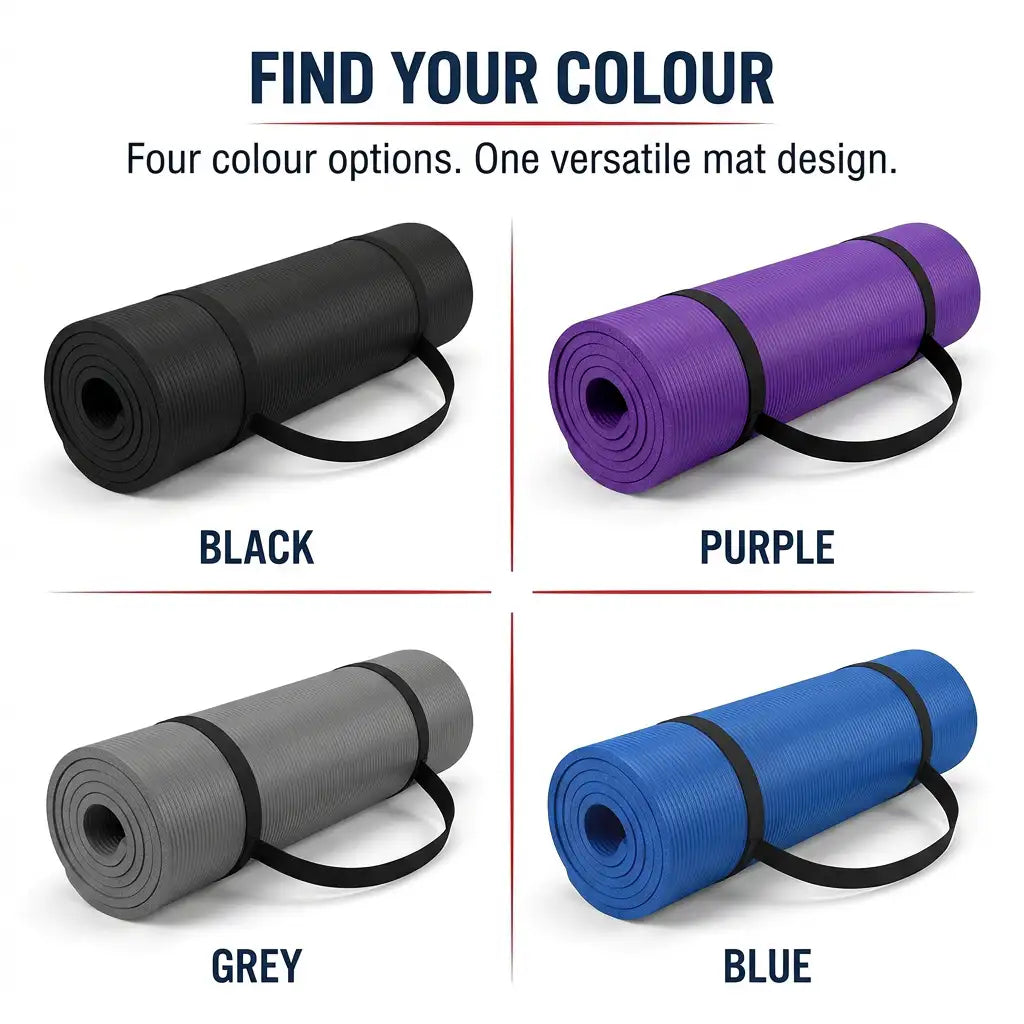 A color-options graphic for a rolled exercise/yoga mat, showing four variants labeled BLACK, PURPLE, GREY, and BLUE. The text at the top reads 'FIND YOUR COLOUR' and 'Four colour options.