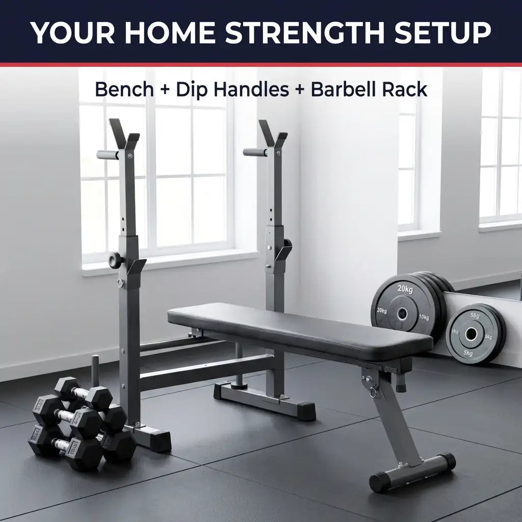 Adjustable Weight Bench with Dip Station & Barbell Rack