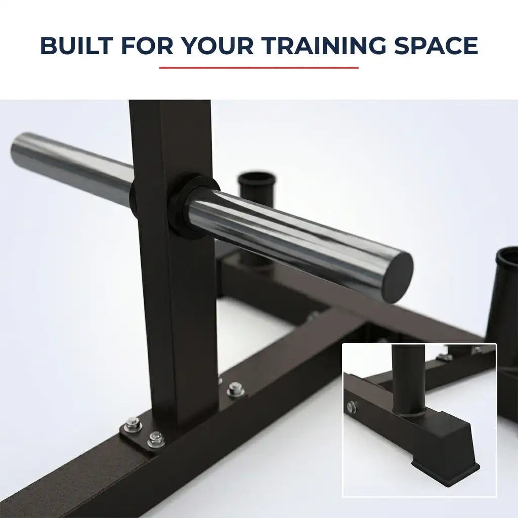Black metal weight bench frame with a silver barbell attachment, shown on a white background with the text 'BUILT FOR YOUR TRAINING SPACE' and a small inset detail of the base.