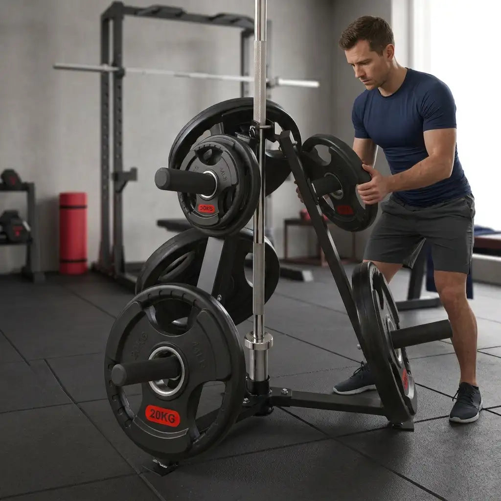 A man in a gym setting loads a 20kg weight plate onto a black and silver weight rack stand. The rack is loaded with several black weight plates, some featuring red '20KG' labels.