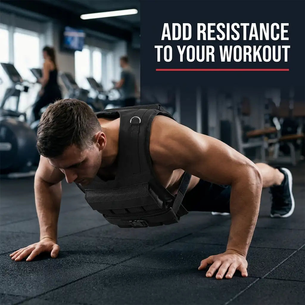 A man performing a push-up in a gym while wearing a black tactical weight vest, with the text 'ADD RESISTANCE TO YOUR WORKOUT' in the top right corner.