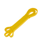 A set of five resistance bands in different colors, including yellow, red, black, purple, and green, displayed with a black carrying pouch.