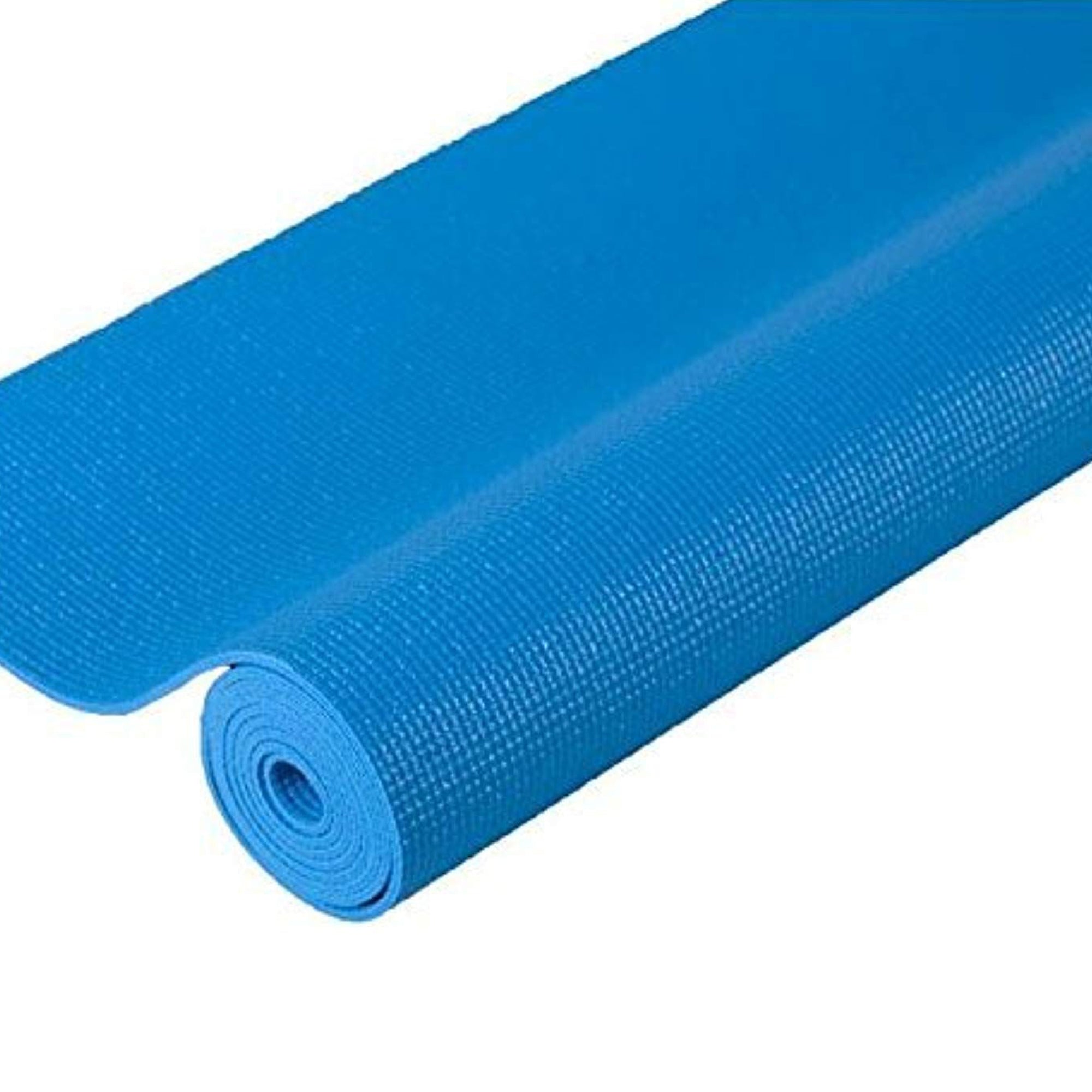 Blue yoga mat rolled up on a white background