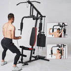 Man using a home gym setup with inset images showing different exercises.