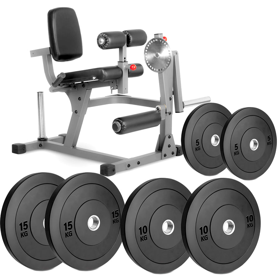 A professional leg extension and curl machine with a gray steel frame and black padded comfort seating.