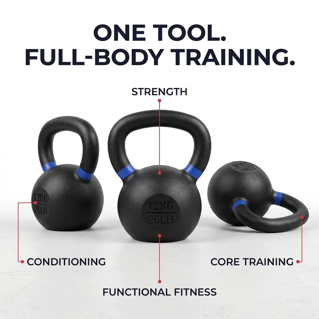 Three black kettlebells with blue accents are shown on a light gray background with text labels explaining their use: conditioning, strength, core training, and functional fitness.