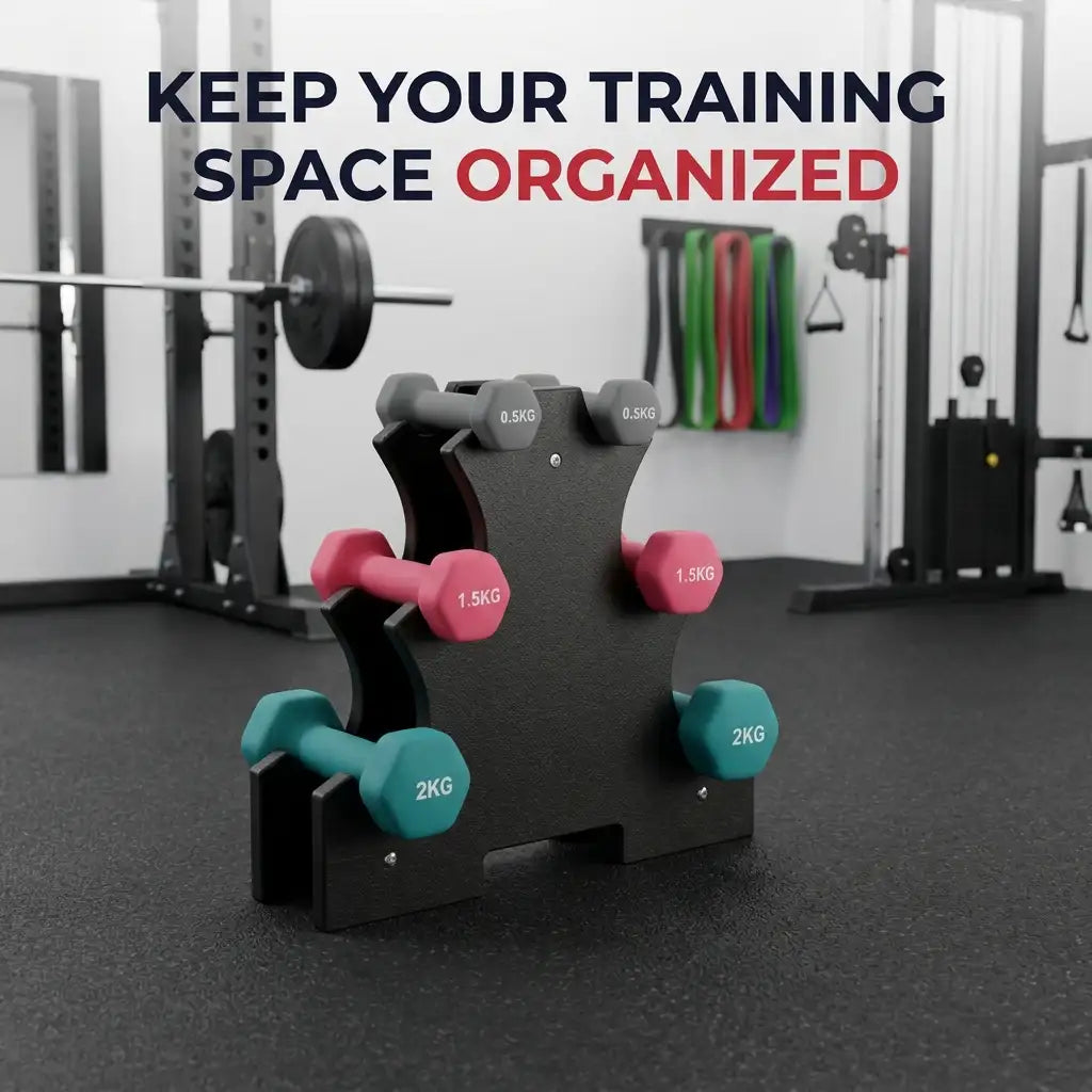 A black dumbbell rack holding four hex dumbbells in pink, teal, and gray, set in a gym with exercise equipment in the background. Text at the top reads 'KEEP YOUR TRAINING SPACE ORGANIZED'.