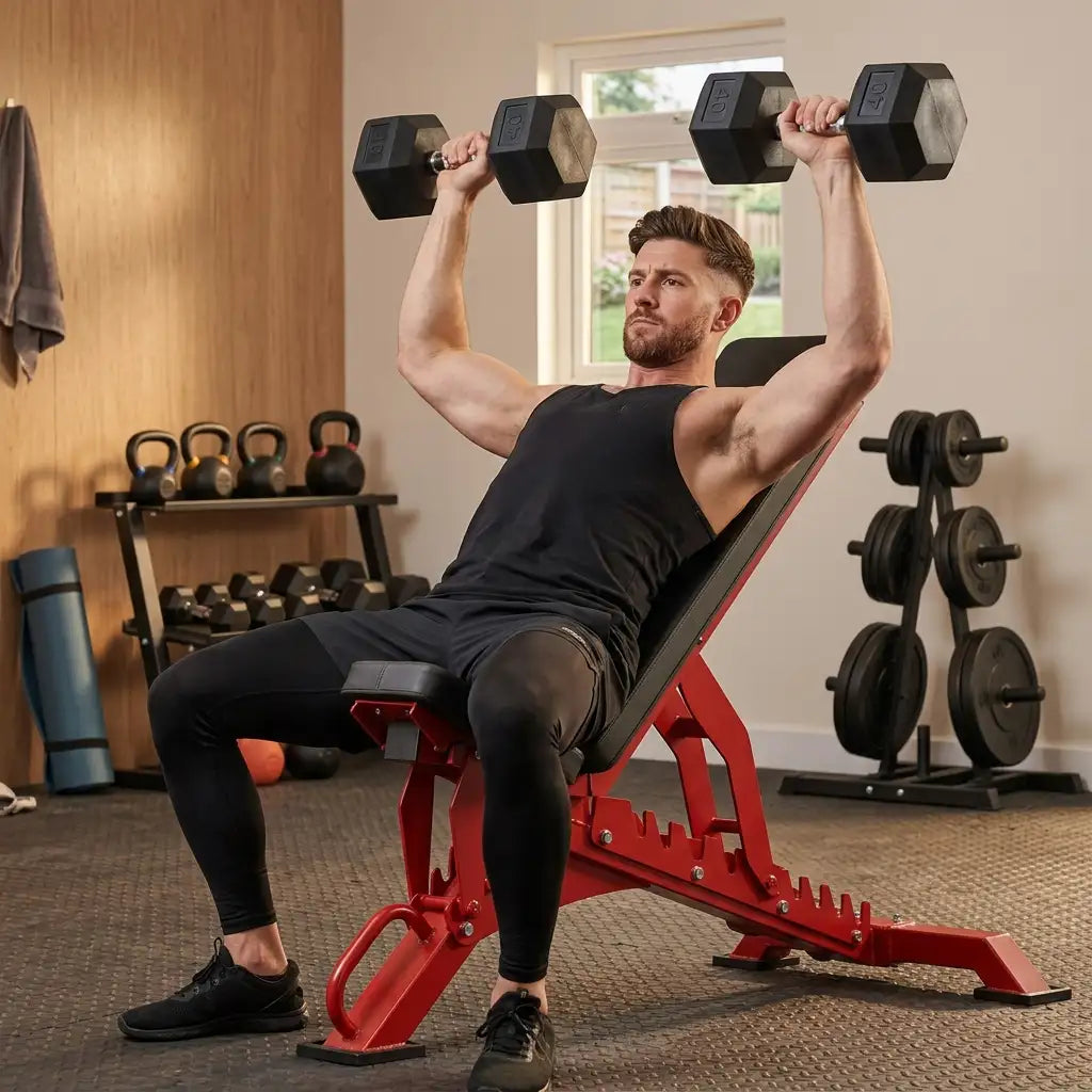 A man in a black tank top and leggings sits on a red adjustable weight bench in a gym, lifting two black hex dumbbells overhead. Weight racks, kettlebells, and a window are visible in the background.
